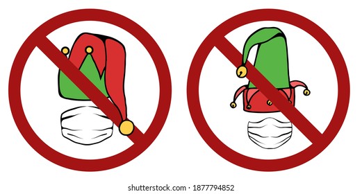 Festive cartoon elf hats with mask as a prohibition sign. Forbid on quarantine holidays. Ban on New Years and Christmas. Vector sign for logos, badges, labels and your designs