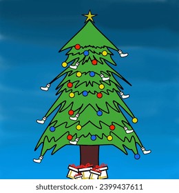 Una festividad de caricatura ilustra un árbol de Navidad con regalos debajo de él contra un fondo azul del cielo. Perfecto para tarjetas de felicitación de vacaciones, publicaciones en medios sociales y diseños de temática festiva.