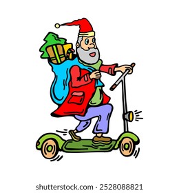 A festive cartoon illustration of Santa Claus riding an electric scooter, carrying a bag of Christmas gifts and a small tree, perfect for modern holiday designs