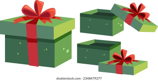 A festive cartoon illustration of a set of colorful Christmas gift boxes