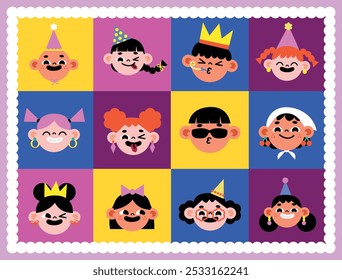 Festive Cartoon Kids with Party Hats and Accessories. Perfect for Fun and Celebratory Designs. Playful Characters with Joyful Expressions. make keyword