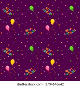 Festive cartoon pattern. Happy Birthday. Violet background with balloons.