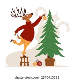 Festive cartoon of a reindeer in a cozy sweater standing on a stool to decorate a Christmas tree with ornaments.