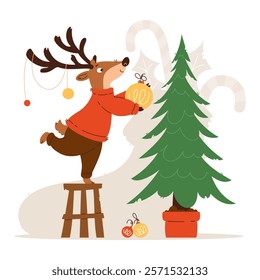 Festive cartoon of a reindeer in a cozy sweater standing on a stool to decorate a Christmas tree with ornaments.