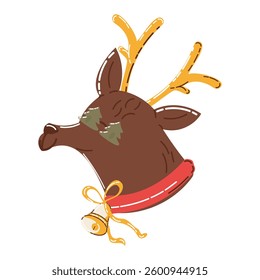 Festive Cartoon Reindeer with Red Collar and Bell, Whimsical Holiday Illustration