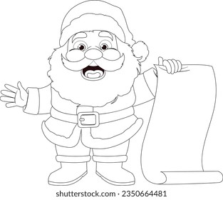 A festive cartoon Santa Claus with a paper scroll for Christmas