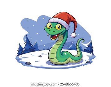 Festive Cartoon Snake with Santa Hat in Winter Wonderland	
