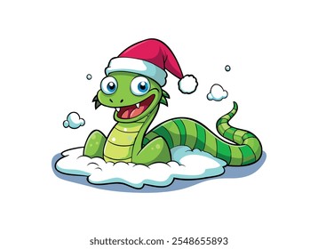 Festliche Cartoon Schlange mit Weihnachtsmütze in Schneebildung	