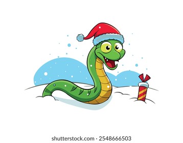 Festive Cartoon Snake with Santa Hat and Christmas Gift in Snow	
