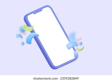 Festive cartoon style smartphone mockup with blank white screen. 3D mobile phone.  For new year, birthday and congratulations. Creative vector illustration