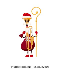 Festive cartoon trumpet musical instrument character dressed as Santa Claus holding shepherd staff and gifts bag for Christmas and winter holiday celebration. Vector horn woodwind music pipe personage