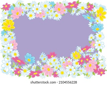 Festive cartoony frame border decorated with colorful spring and summer garden flowers, vector cartoon illustration