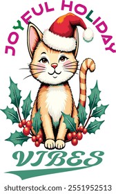 Festive Cat with Holly Cheer T-Shirt Design