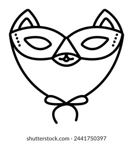 Festive cat masquerade eye mask with ties. Cute carnival black line icon