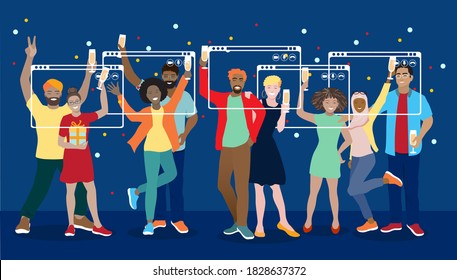 Festive celebrating online birthday party mix race men women in computer windows. People having fun celebration, self isolation, happy friends virtual meeting concept, horizontal vector illustration