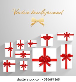 Festive celebrating template with white cards red gift bows and ribbons isolated vector illustration
