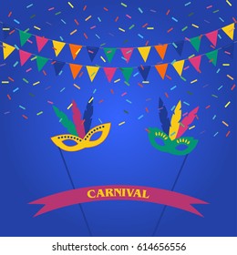 Festive celebration background. Carnival masks, confetti and celebration flags