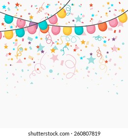 Festive celebration background with colorful balloons and confetti decoration.