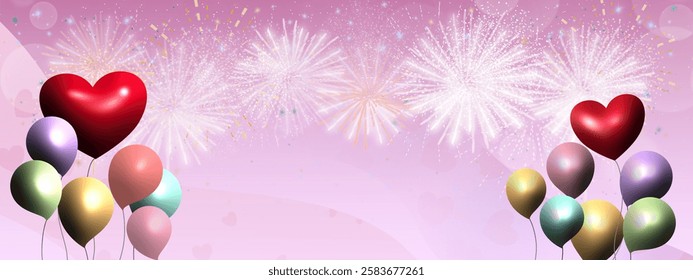 Festive celebration background with heart-shaped balloons, colorful balloons, and fireworks on a dreamy pink gradient sky. Perfect for Valentine’s Day, parties, love themes, and special occasions.