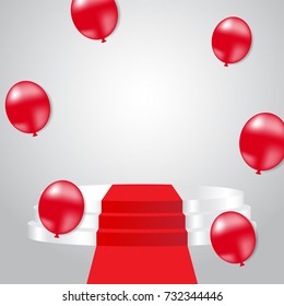 Festive celebration background with white stage podium and red balloon. Vector