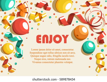 Festive Celebration Concept with Colorful Balloons Ribbons and Confetti Isolated on Beige Background