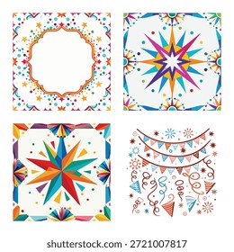 Conjunto gráfico de celebración festiva con marco circular ornamentado, patrones geométricos coloridos de estallido estelar y fiesta con ilustración de confeti
