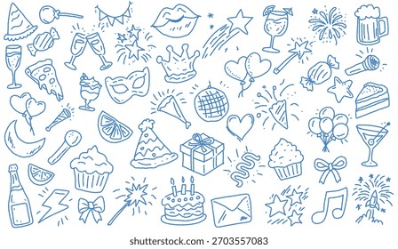 Festive Celebration Icons Set Featuring Party Elements Birthday Symbols Cheerful Decorative Doodle Illustration