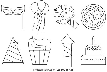 Festive Celebration Line Art Set – Cupcakes, Fireworks and Gift Sketches
