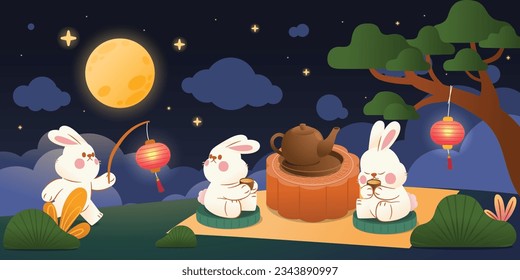 Festive Celebration of Mid Autumn Festival with Rabbits at Mooncake Table, Traditional Asian Culture and Family Reunion Under the Fullmoon Night, Vector, Illustration