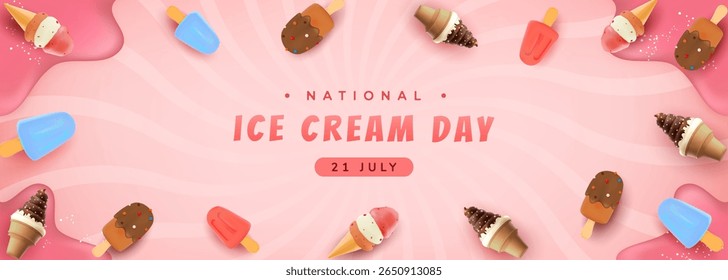 Festive celebration of National Ice Cream Day featuring various delicious ice cream cones and colorful popsicles arranged on a cheerful pink backdrop, emphasizing joy and indulgence.