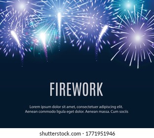 Festive celebration night sky with glowing and shining firework lights realistic vector illustration on blue background. Holiday colorful banner template.