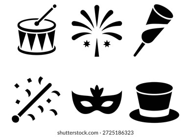 Festive celebration objects drum party horn mask top hat