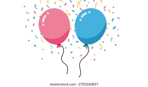 Festive celebration with a pair of colorful balloons-one pink and one blue-surrounded by bright confetti, symbolizing joy and a cheerful occasion.