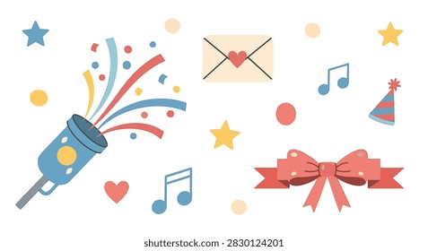 Festive celebration vector set featuring party popper with colorful streamers, cream envelope with heart seal, red ribbon bow, party hat, blue music notes, and decorative stars.