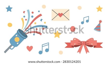 Festive celebration vector set featuring party popper with colorful streamers, cream envelope with heart seal, red ribbon bow, party hat, blue music notes, and decorative stars.