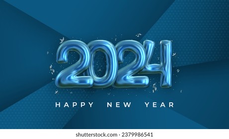 The festive and celebratory design features shiny blue number 2024 balloons surrounded by colorful confetti. Perfect for New Year's Eve celebrations and party invitations.