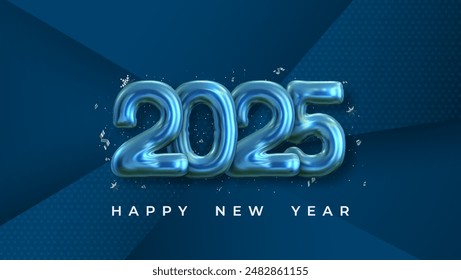 The festive and celebratory design features shiny blue number 2025 balloons surrounded by colorful confetti. Perfect for New Year's Eve celebrations and party invitations.