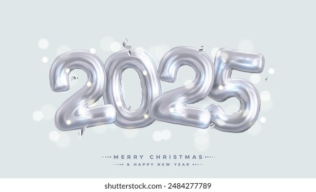 The festive and celebratory design features shiny white number 2025 balloons surrounded by silver confetti. Perfect for New Year's Eve celebrations and party invitations.