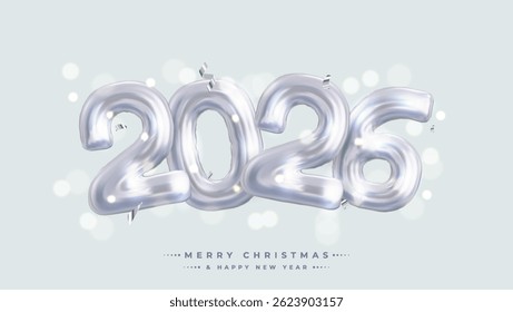 The festive and celebratory design features shiny white number 2026 balloons surrounded by silver confetti. Perfect for New Year's Eve celebrations and party invitations.