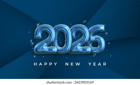 The festive and celebratory design features shiny blue number 2026 balloons surrounded by colorful confetti. Perfect for New Year's Eve celebrations and party invitations.