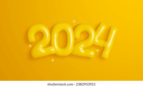 The festive and celebratory design features yellow balloons with the number 2024 surrounded by yellow sparkles. Perfect for New Year's Eve celebrations and party invitations.