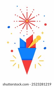 Uma ilustração festiva e comemorativa de um fogo de artifício saindo de um cone, perfeito para adicionar um toque de emoção aos seus projetos. Use este gráfico vibrante para eventos, grupos.