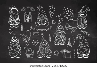 Festive chalk illustration of dwarfs and holiday decorative elements on chalkboard background 