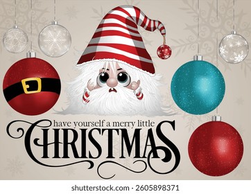 A festive character in a red-striped hat, looking surprised while surrounded by Christmas.
