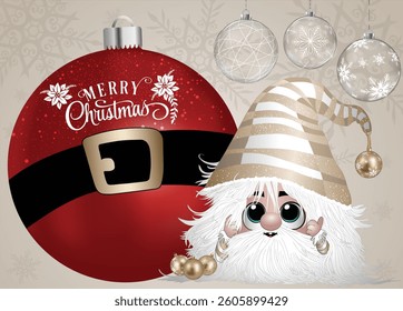 A festive character  stands beside a Christmas ornament displaying "Merry Christmas."