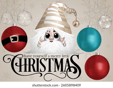 A festive character surrounded by holiday baubles.