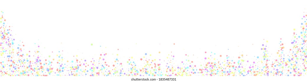 Festive charming confetti. Celebration stars. Colorful stars small on white background. Adorable festive overlay template. Panoramic vector background.