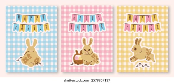 Festive and charming Happy Easter greeting cards with vibrant gingham-patterned backgrounds. Adorable bunny-themed designs.