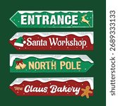A festive and charming set of four vector directional signs perfect for Christmas, winter holidays, or any North Pole-themed project