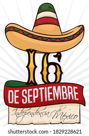 Sombrero de charro festivo sobre la fecha, cinta y viejo pergamino promocionando la celebración del Día de la Independencia de México el 16 de septiembre.